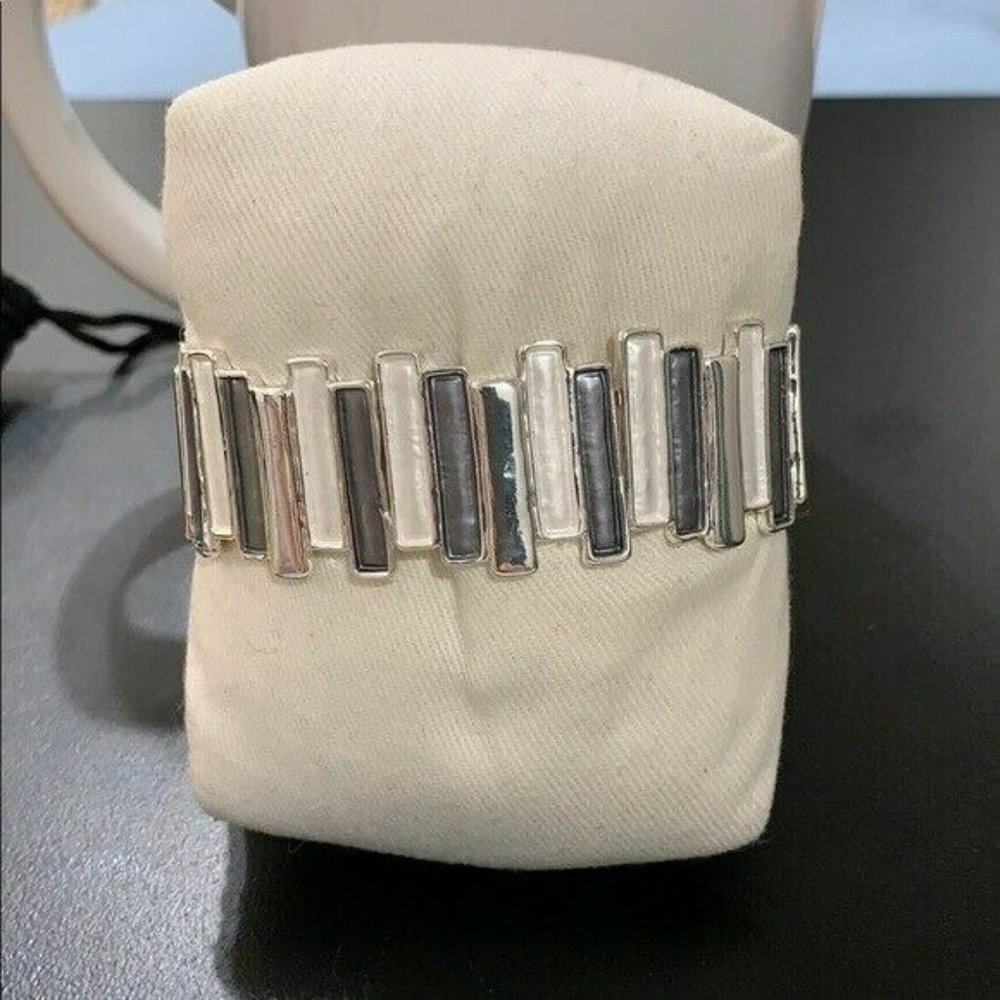 Fashion Bracelet,  Stretchy, Silver White and Blue-Gray Stripe Design